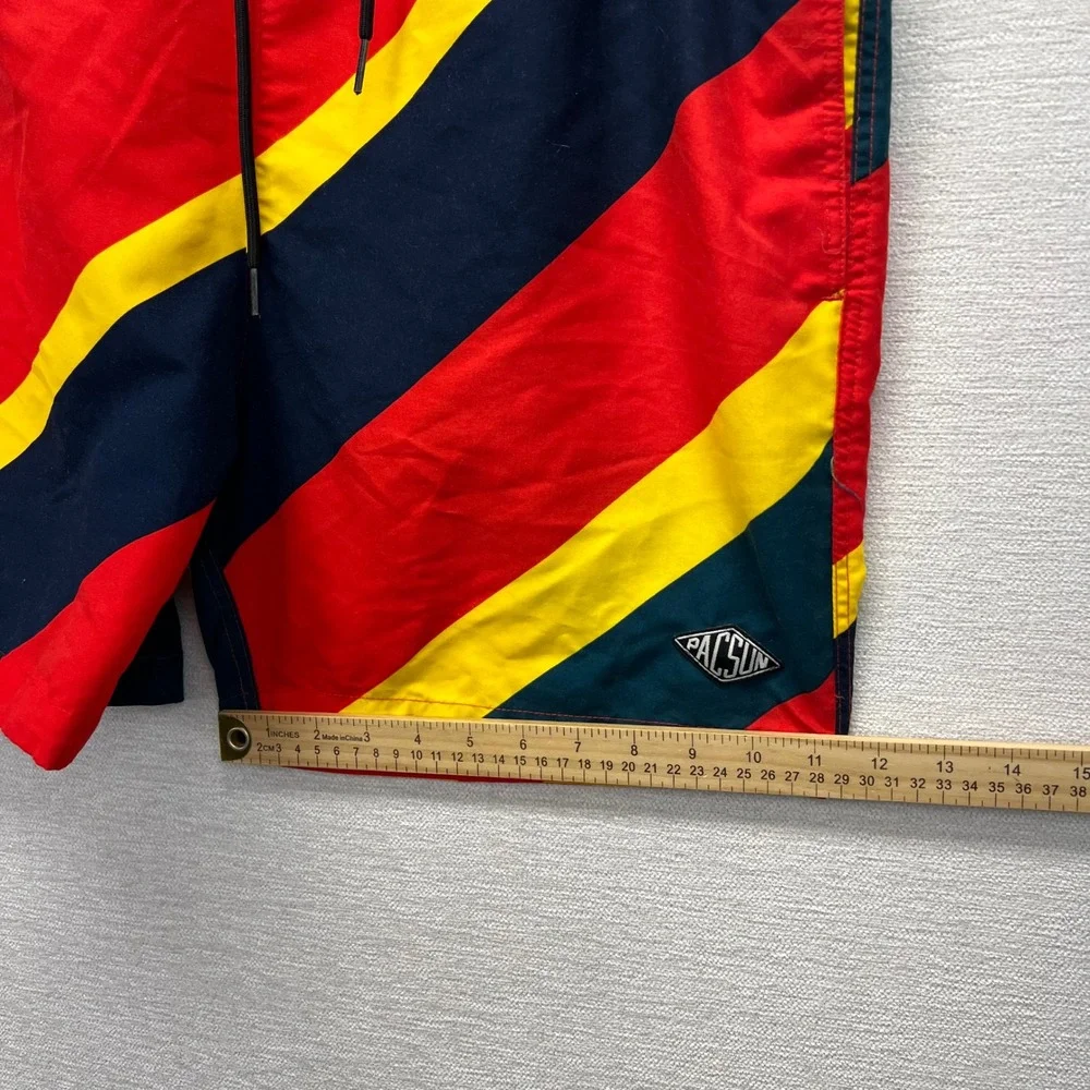 PacSun Swim Trunks Mens Large Red‎ Yellow Navy Diagonal Striped Board Shorts